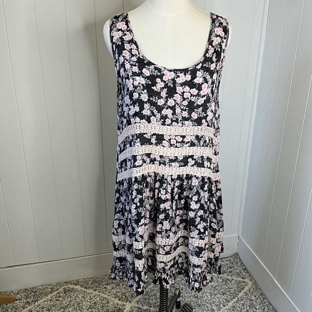 Hyku Womens Size Large Inside Outside Mini Tank Dress Black Pink Floral Flowy